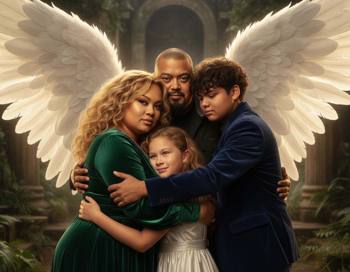 A family of four embracing in a lush, ancient garden with ruins, angel wings digitally added behind them.