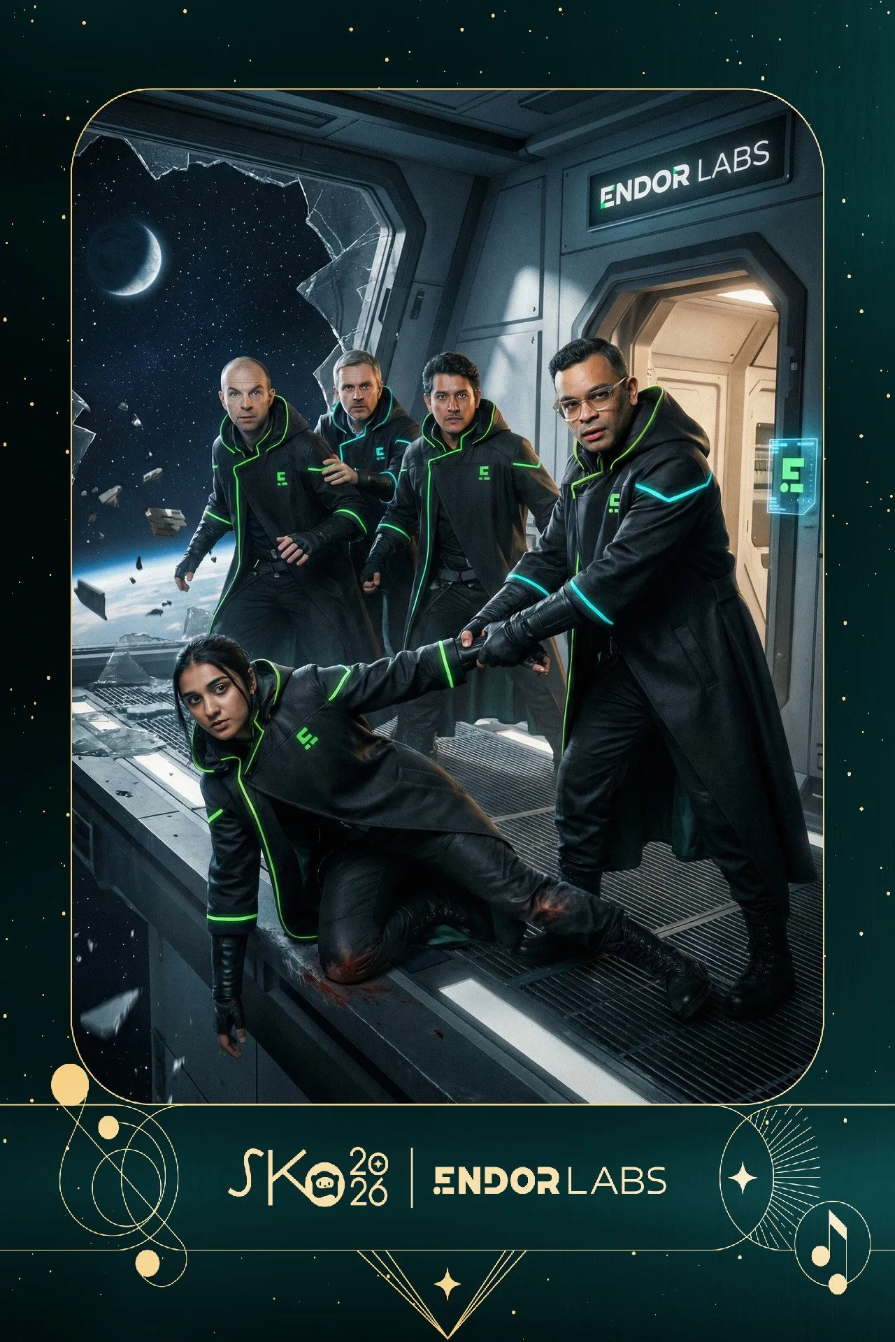 A group of five people in black futuristic coats with green and blue accents, inside a spaceship with a space view showing Earth, moon, and debris outside. They appear to be on a mission, with one person kneeling and the others standing, some holding