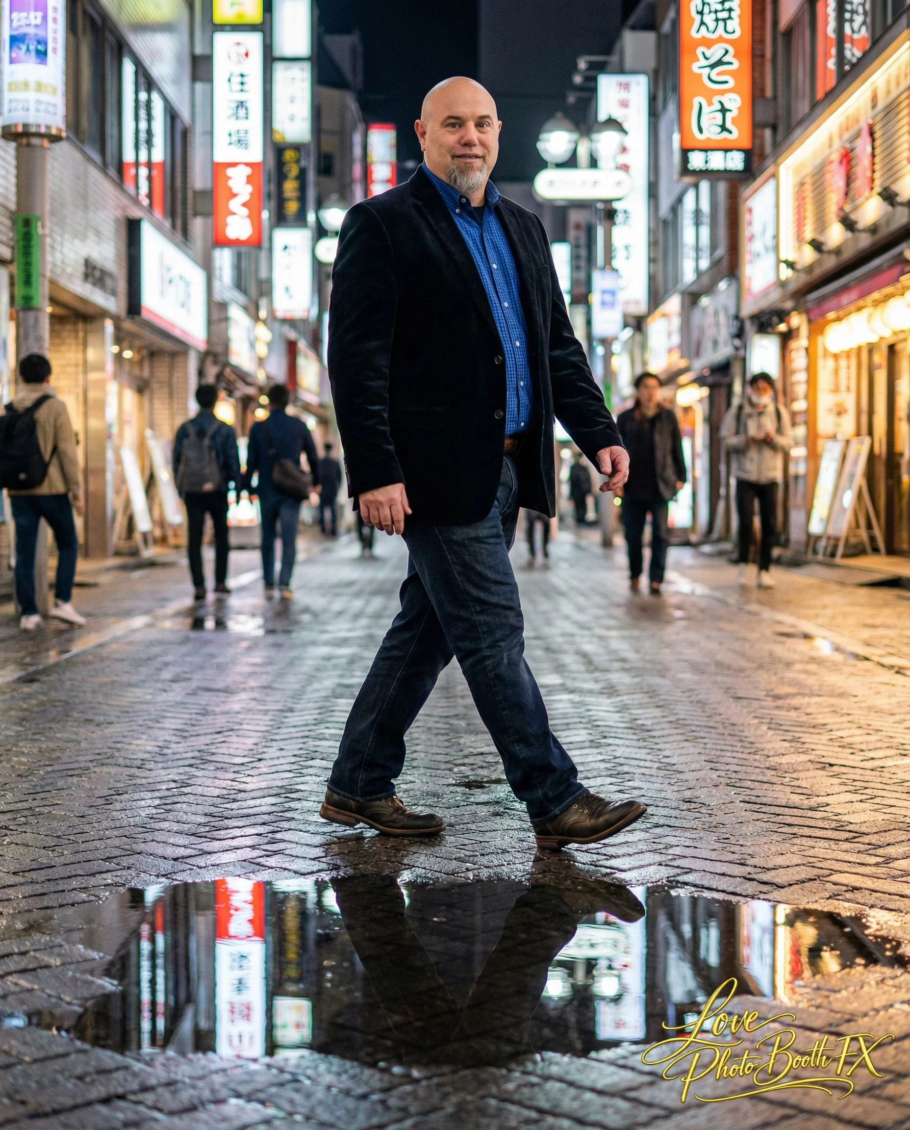 A man walking on a wet city street at night, with neon signs and storefronts illuminated in the background, reflected in a puddle on the cobblestone pavement.