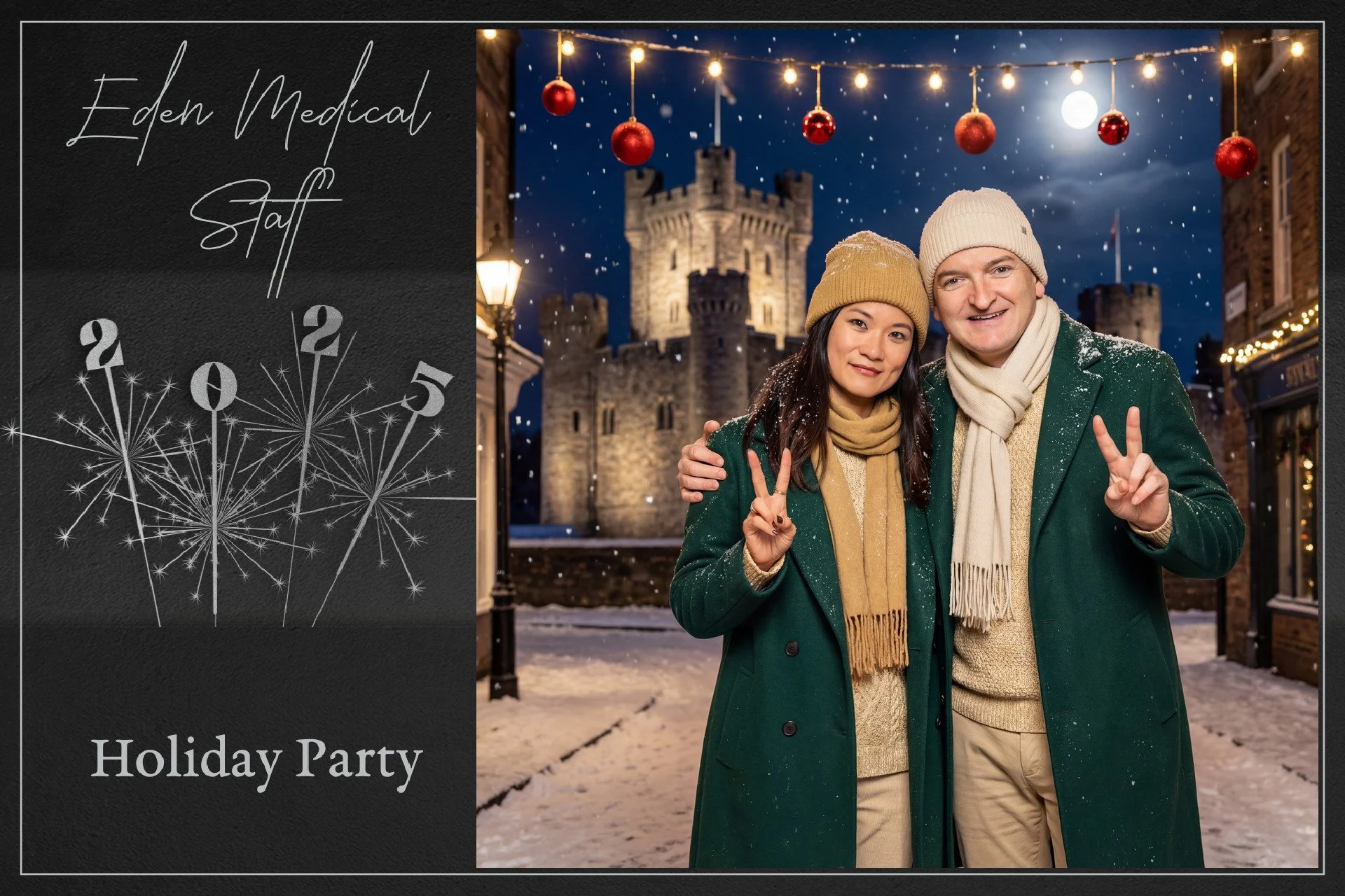 A couple dressed warmly in winter coats, scarves, and hats, standing outside at night with a castle in the background, celebrating a holiday party with snow falling and festive decorations. They are smiling and making peace signs.
