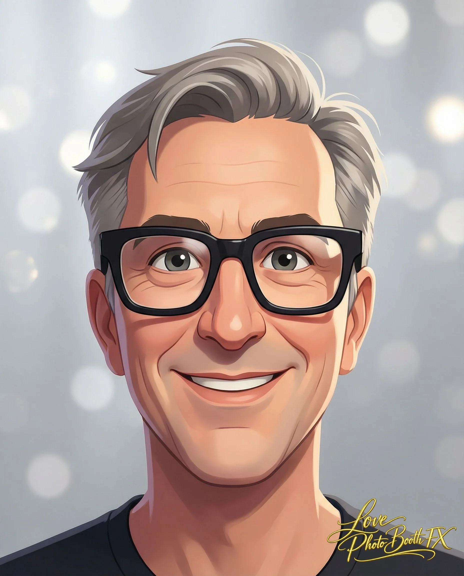 A digital illustration of a smiling man with short gray hair, wearing black glasses, against a blurred background with white bokeh lights.