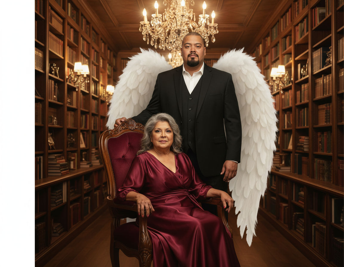 A man with angel wings standing behind a woman sitting in a wooden armchair in a luxurious library with wooden bookshelves, chandeliers, and warm lighting.