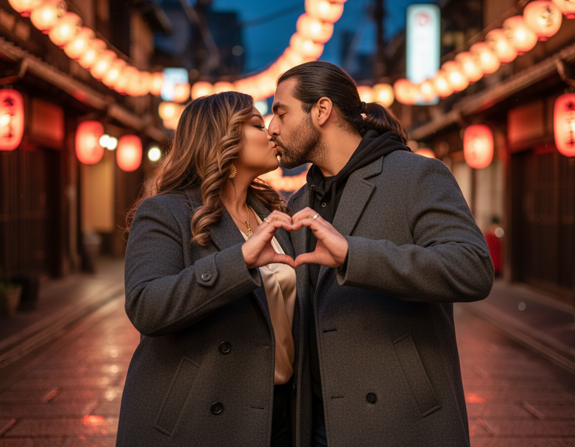 A couple kissing at night in a street decorated with red lanterns, making a heart shape with their hands.