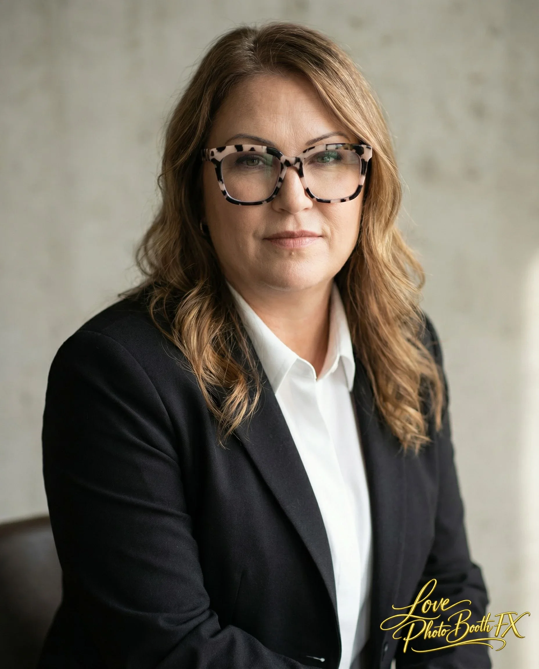 A woman with shoulder-length wavy brown hair, wearing large glasses with leopard print frames, a black blazer, and a white shirt, sitting against a neutral background.