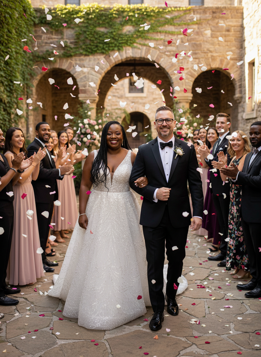 A newlywed couple walks down the aisle arm-in-arm, smiling, surrounded by applauding guests throwing flower petals, outdoors at a historic stone venue with greenery and floral decorations.