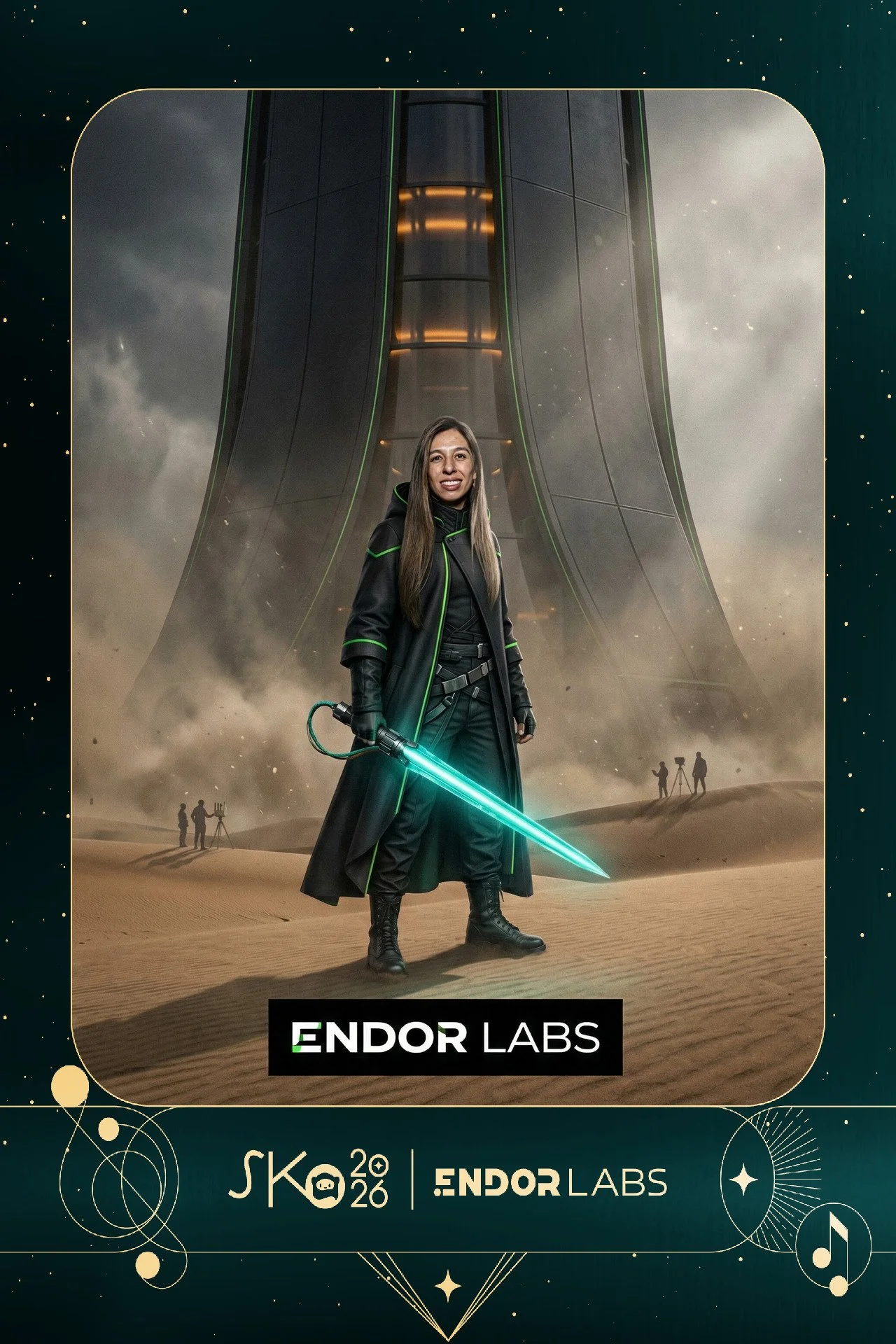 A person dressed as a sci-fi character holding a glowing blue lightsaber in a desert with sand dunes, in front of a futuristic tower, with a starry sky overhead and a logo for Endor Labs at the bottom.