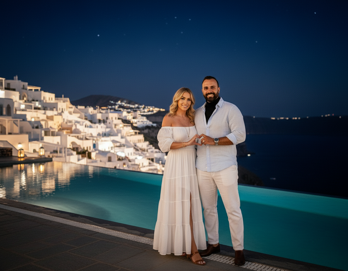 A couple in white clothing standing by an infinity pool at night, making a heart shape with their hands, with a hillside town illuminated in the background.