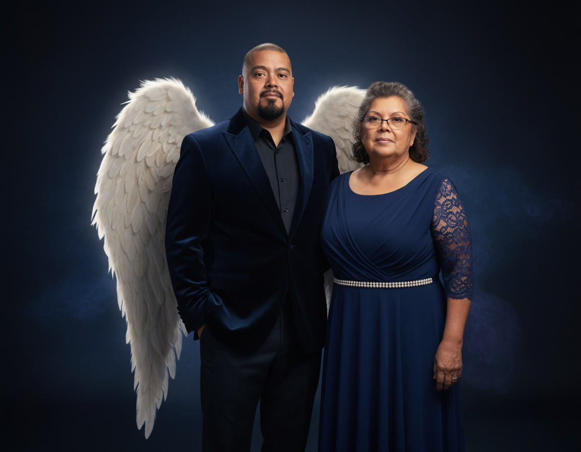 A man with angel wings standing next to an elderly woman dressed in a blue gown with lace sleeves and glasses, posing against a dark background.