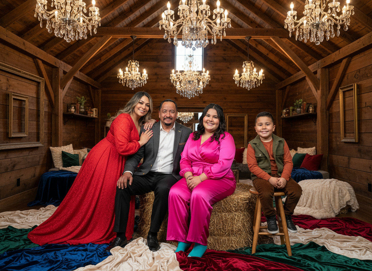 A family of four sitting on hay bales inside a rustic wooden room with chandeliers. The woman on the left is wearing a red dress and smiling; beside her is a man in a suit, also smiling. Next to him is a woman in a bright pink outfit smiling, and a y