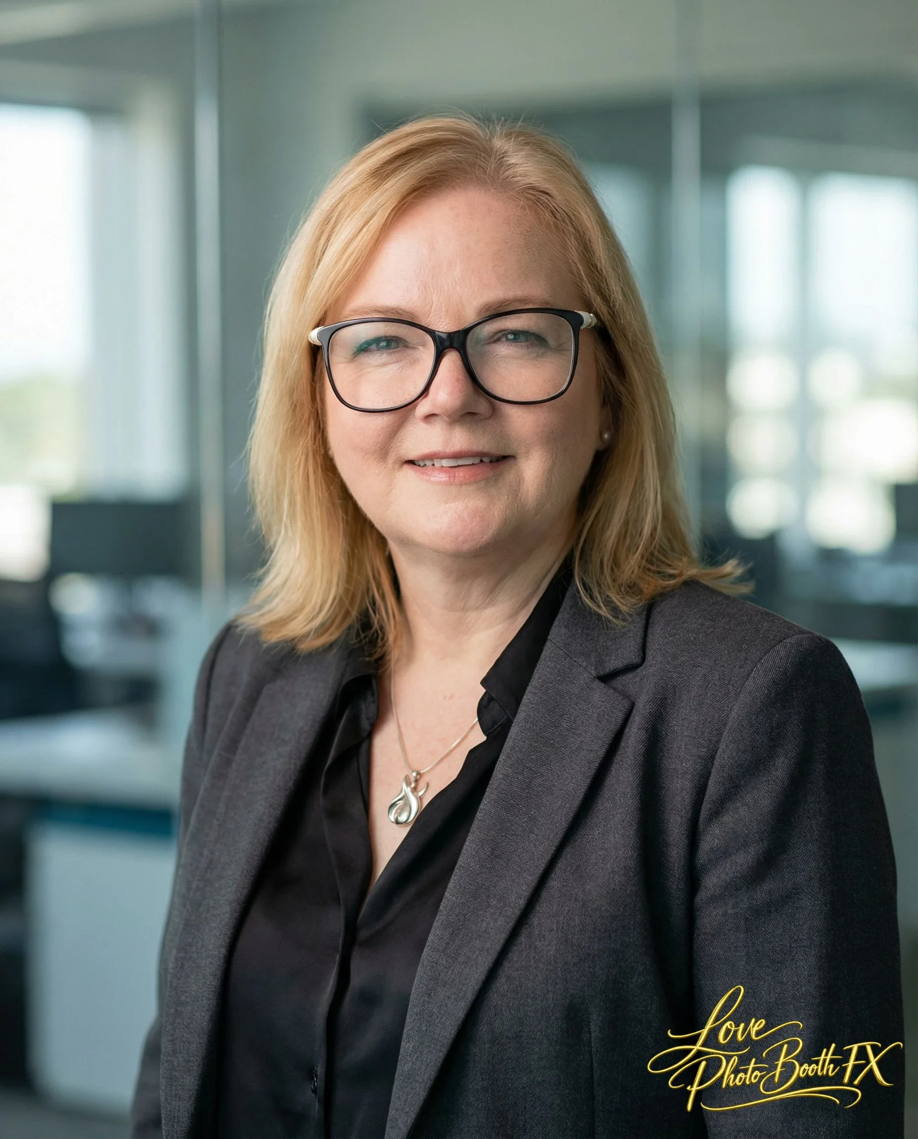A woman with shoulder-length blonde hair wearing glasses, a black shirt, and a dark blazer, standing in a modern office with glass walls.