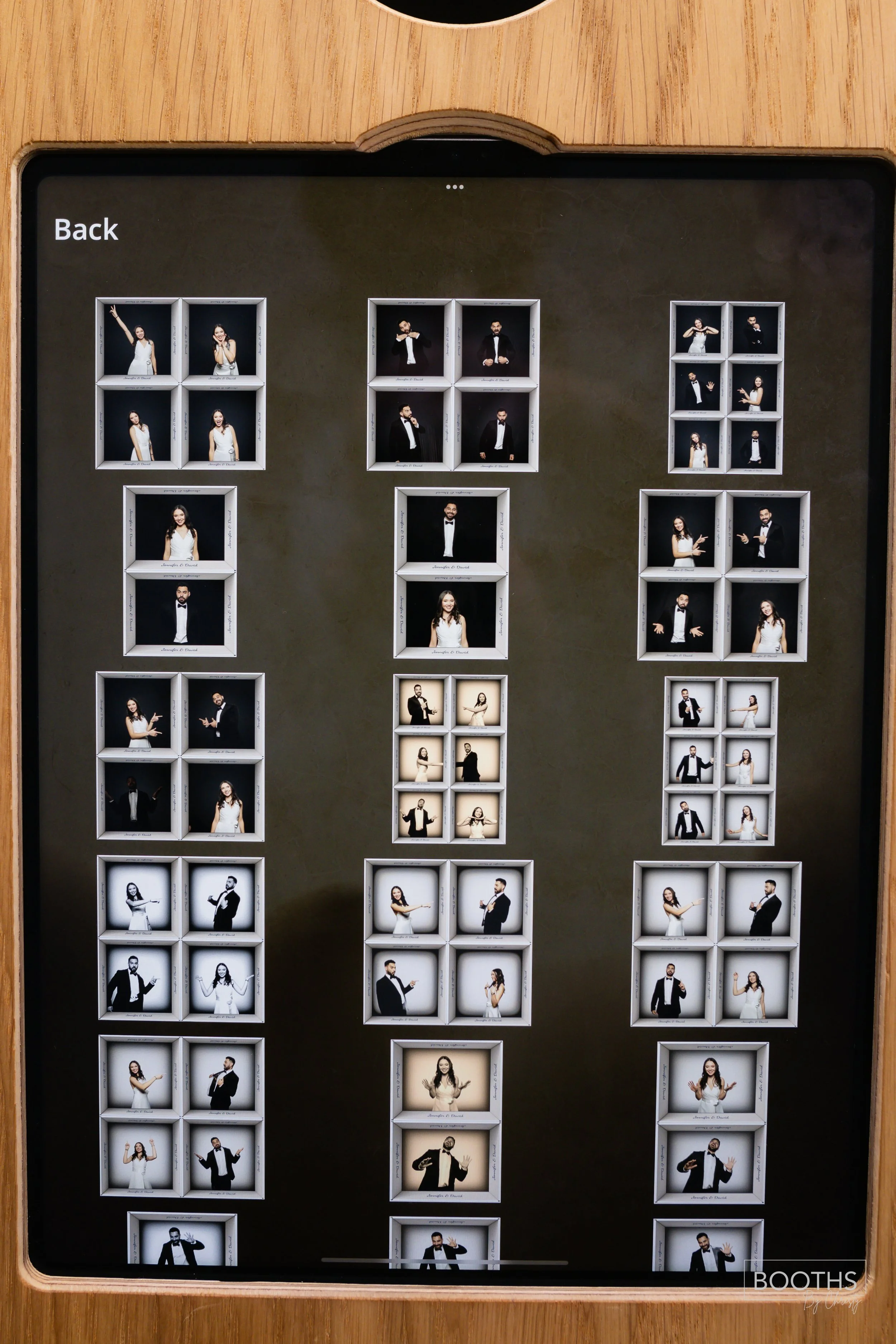 Digital screen displaying multiple sets of photo booth pictures featuring people dressed in formal attire, with some in black and white and others in color, arranged in a grid format.