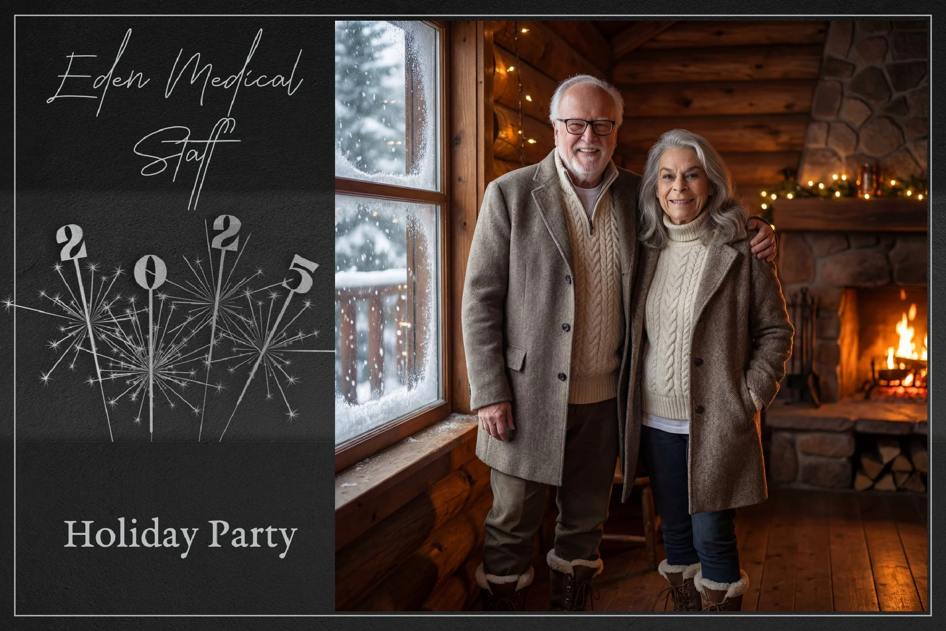 Holiday party invitation with a photo of an elderly couple in winter cozy clothing standing by a fireplace inside a log cabin, with a snow-covered window in the background. The left side of the invitation features festive text that reads 'Eden Medica