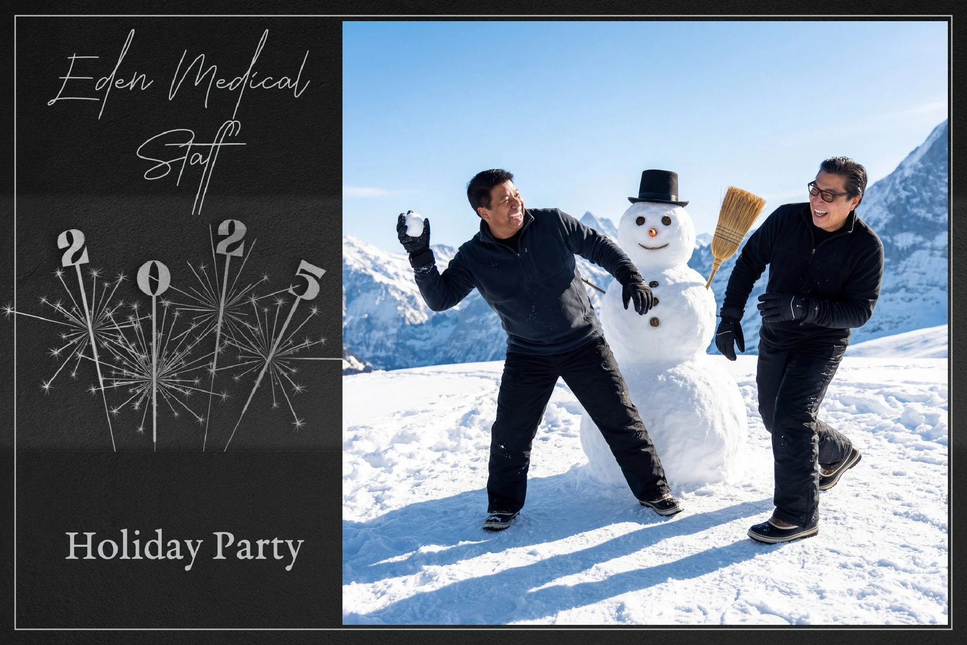 A snowman with a hat, carrot nose, buttons, and a broomstick in a snowy mountain landscape, with two smiling people in winter clothing throwing snowballs nearby, celebrating a holiday party.