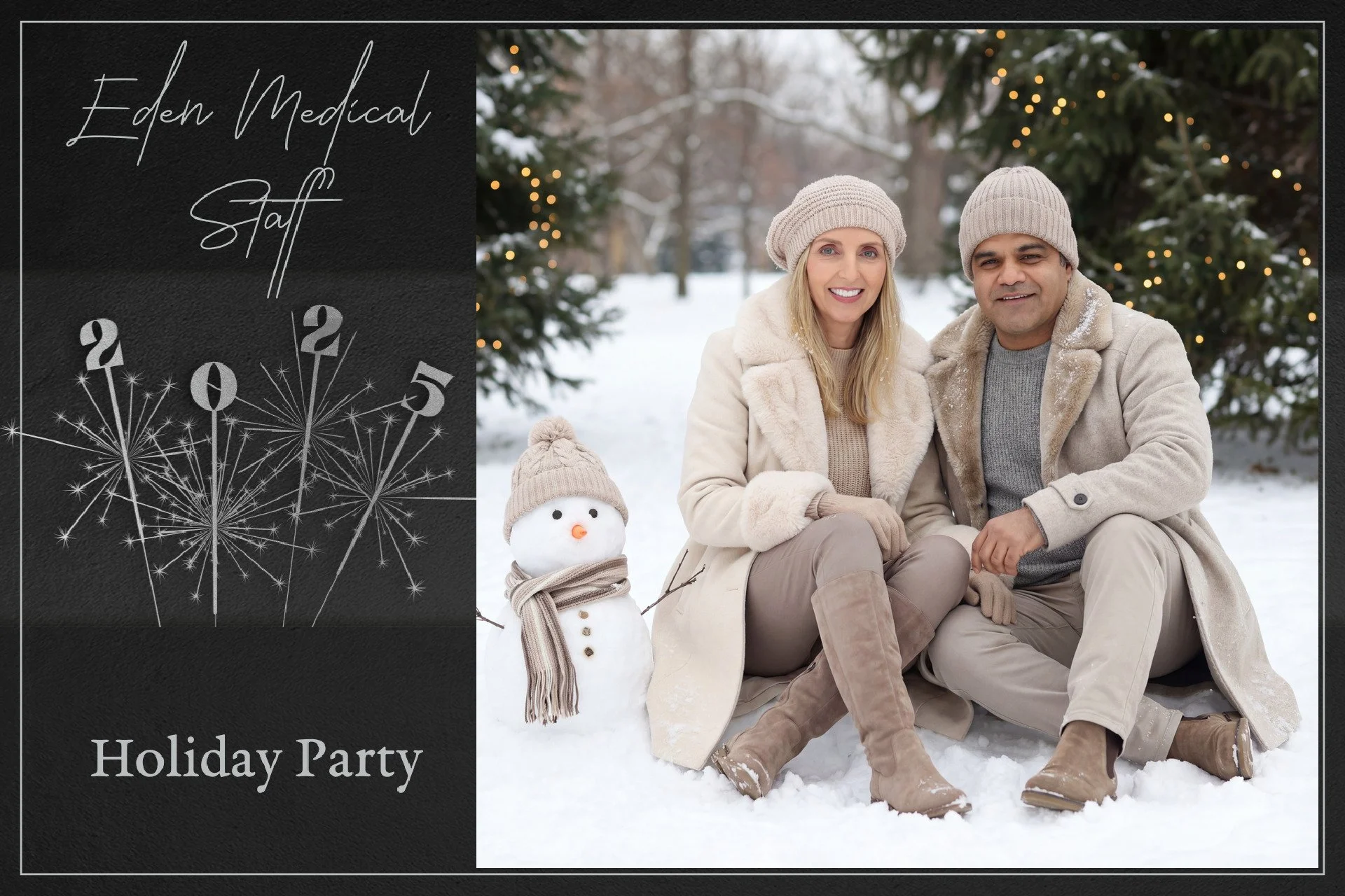 A holiday party invitation featuring a snowy outdoor scene with a smiling woman and man sitting on the snow with a snowman, decorated with Christmas trees and lights in the background. The left side has a black background with white text that reads '