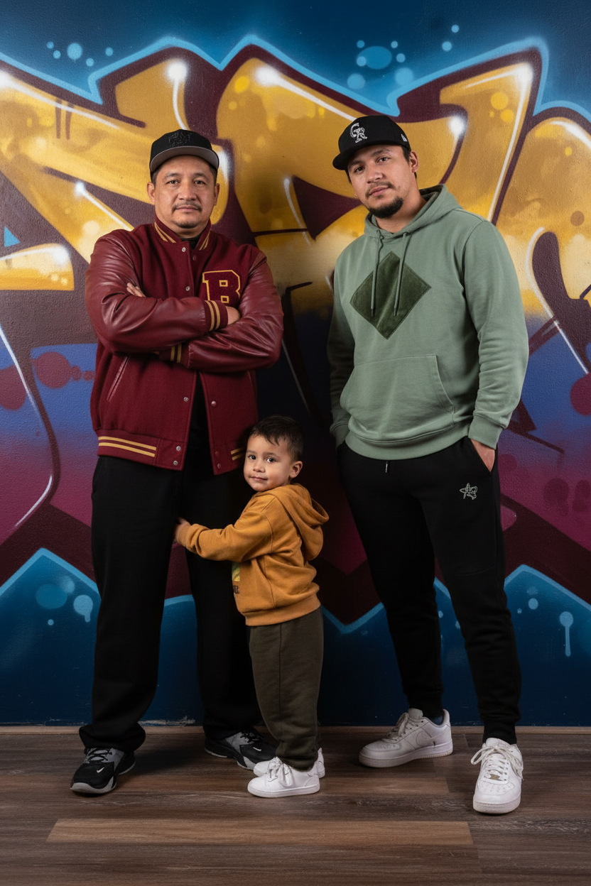 Three people, two men and a young boy, standing in front of a colorful graffiti wall. The man on the left is wearing a red and gold varsity jacket and a dark baseball cap, with his arms crossed. The man on the right is dressed in a light green hoodie