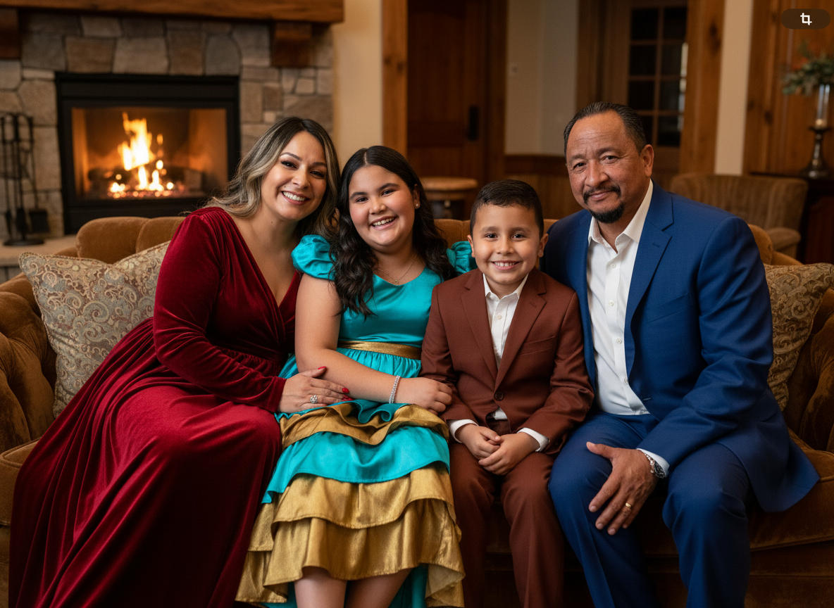 A family of four sitting on a brown couch in front of a fireplace, smiling at the camera. The woman on the left is wearing a red dress, the girl in the middle is wearing a turquoise dress with gold accents, the boy next to her is wearing a brown suit