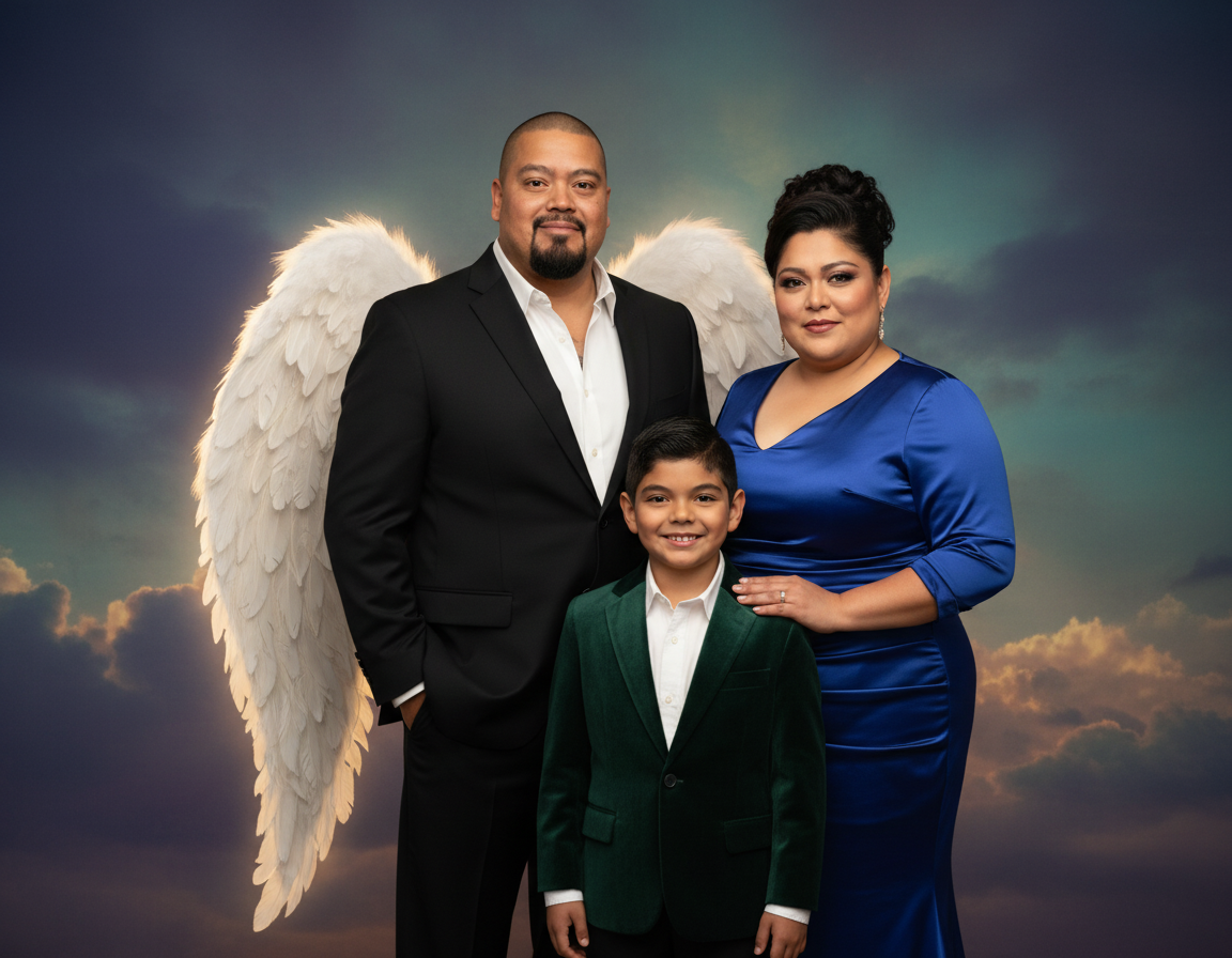 A family of three posing in front of a sky background with clouds. The father is wearing a black suit and has angel wings, the mother is wearing a royal blue dress, and the son is wearing a green velvet blazer with a white shirt.