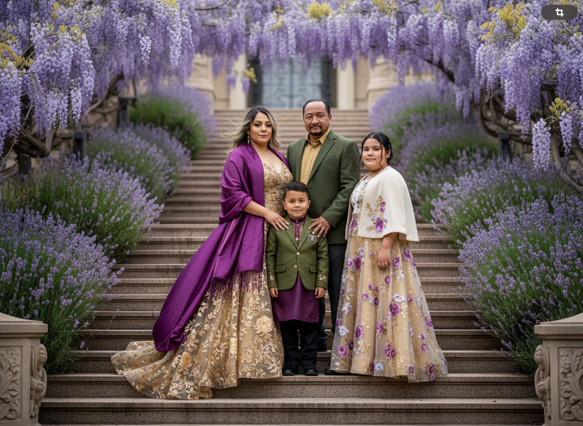 Family of four standing on a staircase amidst blooming purple flowers, dressed in formal and traditional attire.