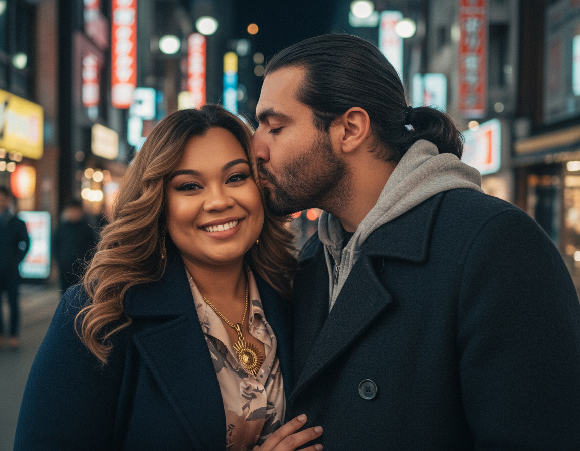 A man kisses a smiling woman on the cheek in an urban street at night with colorful lights and signs.