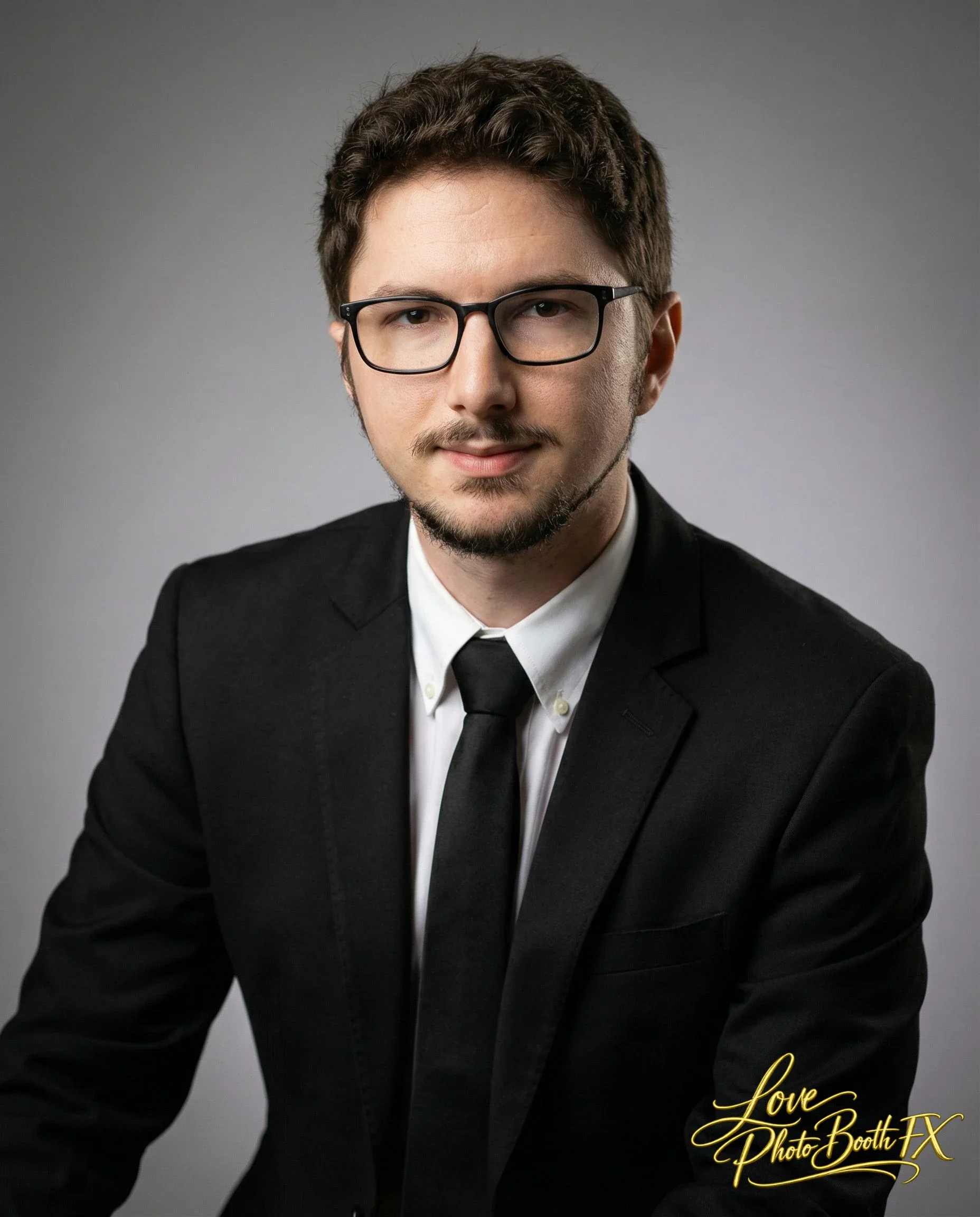 A young man in a black suit, white shirt, and black tie wearing glasses, smiling slightly in a professional portrait.