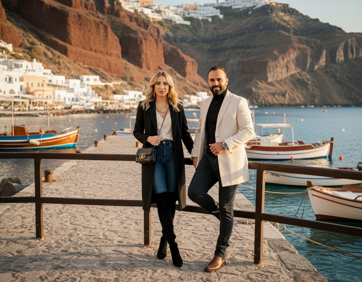 A man and woman pose on a waterfront promenade with boats and coastal houses in the background.
