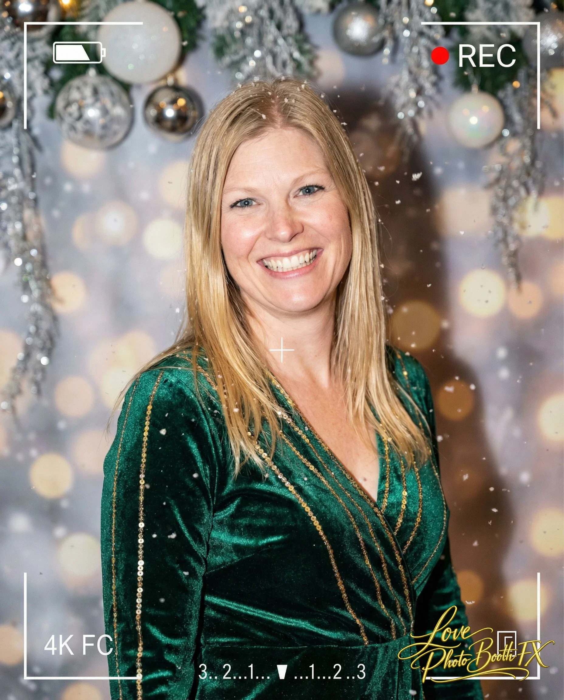 A woman with blond hair smiling, wearing a green velvet dress with gold accents, standing in front of a festive holiday background with silver ornaments and blurred lights.