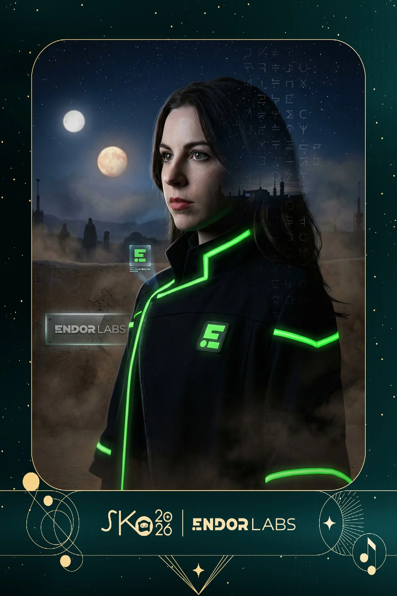 A woman in a futuristic black jacket with green glowing accents, standing in a desert-like landscape with two moons in the night sky and distant structures. The jacket has logos of Endor Labs. The image features sci-fi elements with digital and space