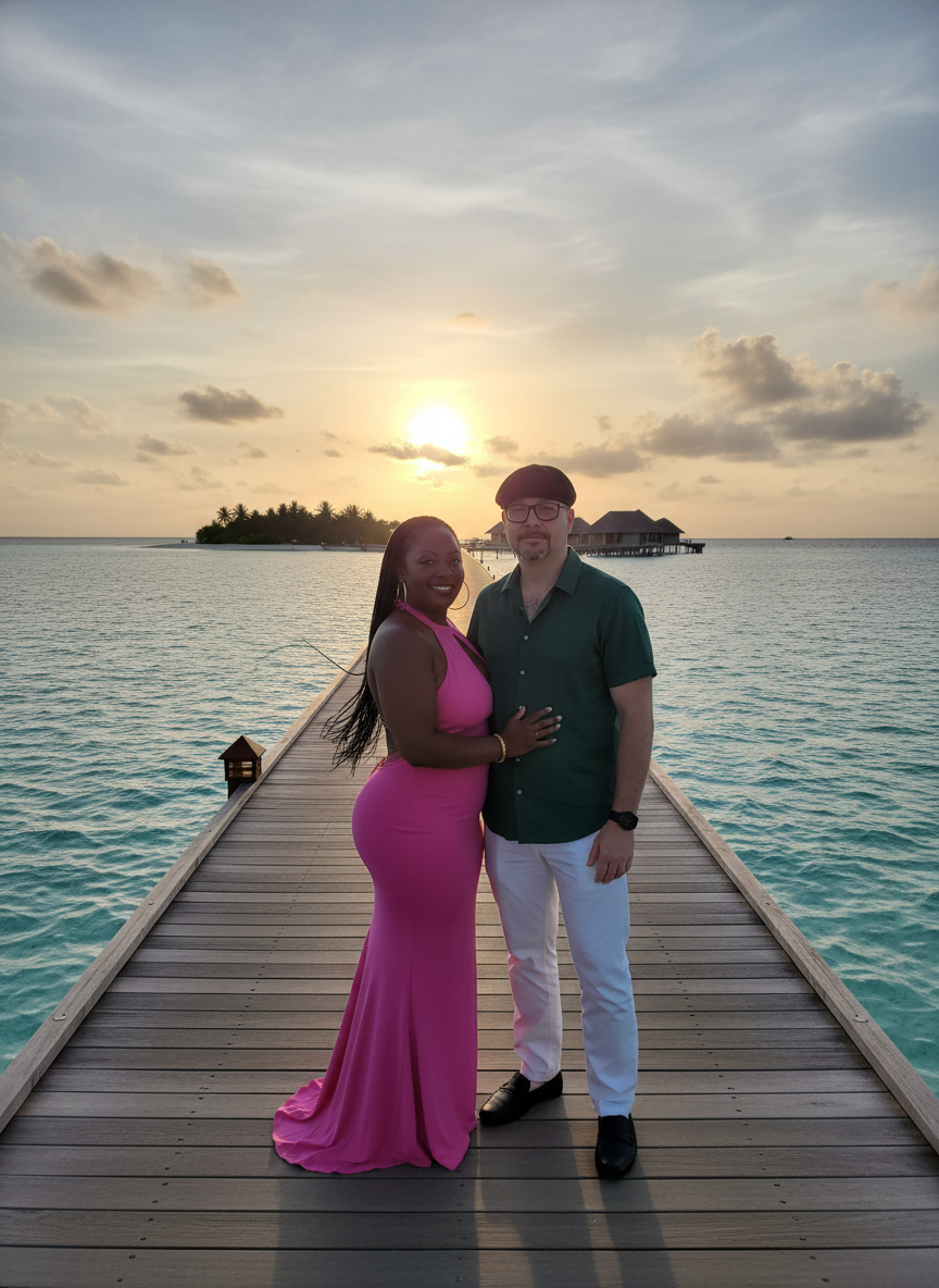 A couple standing on a wooden pier over the water at sunset. The woman wears a long pink dress, and the man wears a green shirt, white pants, and a black hat. In the background, there is an island and a small overwater bungalow.