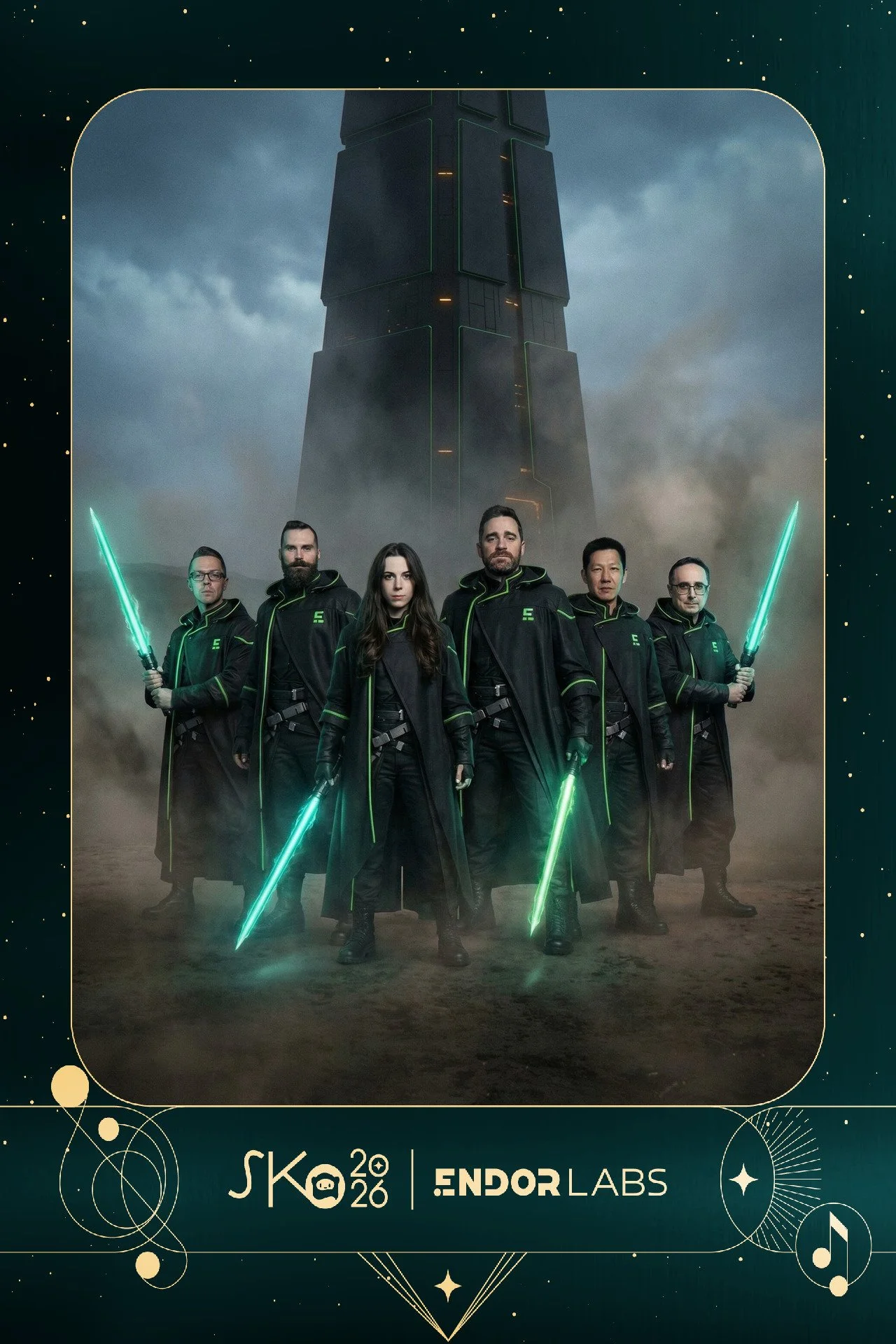 A group of six people in black coats with green trim, holding glowing green swords, standing in front of a tall, dark futuristic tower with cloudy skies behind them.