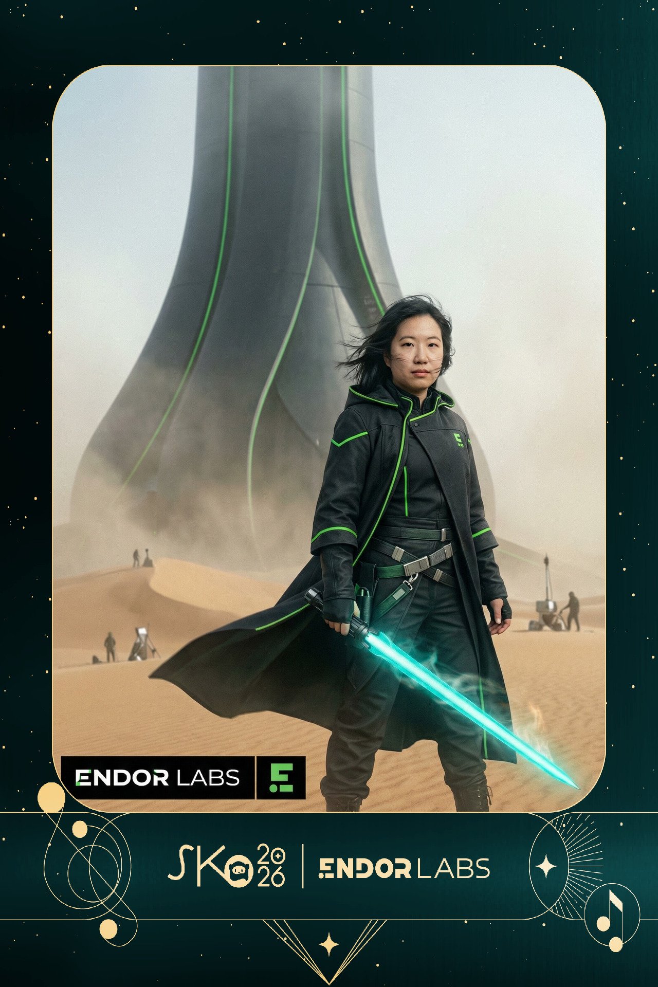A woman in black attire with green accents, holding a glowing blue lightsaber, standing in a desert landscape with a large futuristic structure in the background.