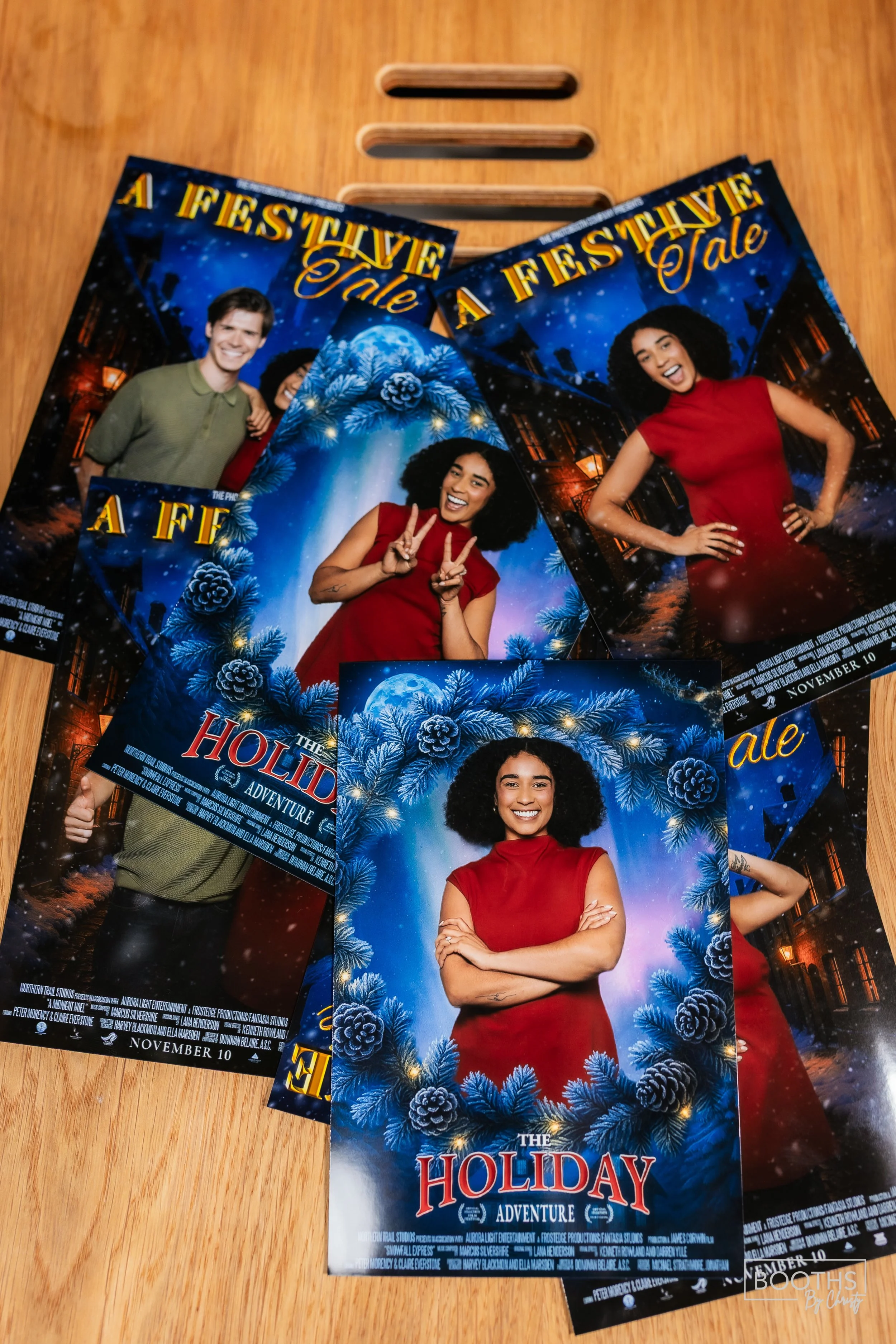 Multiple promotional flyers for a holiday adventure event featuring diverse people posing. The flyers are decorated with festive blue pine branches and snowflakes, announcing the event on November 10.