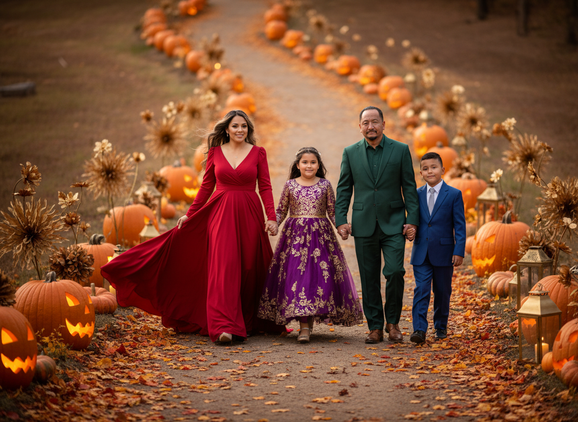 Family of four holding hands walking on a pumpkin and fall themed decorated path with illuminated jack-o'-lanterns and dried flowers on either side during autumn.
