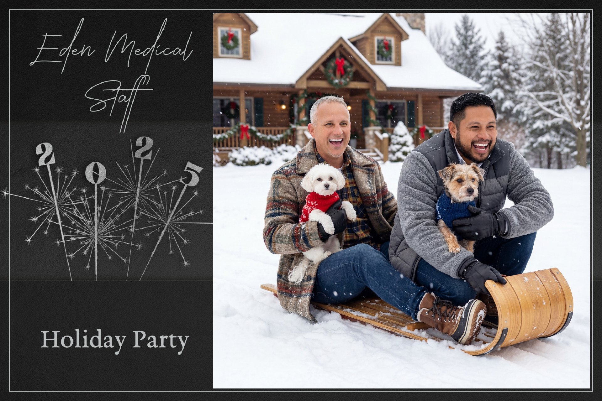 Holiday party invitation featuring two men with dogs sitting on a sled in snow outside a house decorated with Christmas wreaths and garlands, with festive starburst graphics and the text 'Eden Medical Staff Holiday Party'.