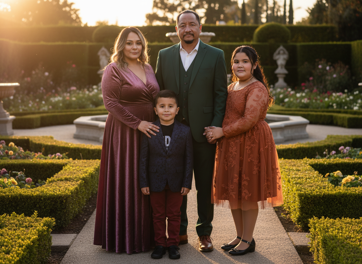 A family of five standing in a garden during sunset. The woman in a purple velvet dress, the man in a dark green suit, a young girl in an orange dress, and a young boy in a blazer and red pants.