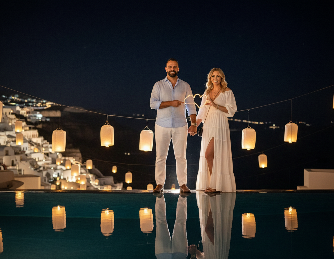 A couple stands by a pool at night, holding hands and sparklers, with hanging lanterns and hillside buildings illuminated in the background.
