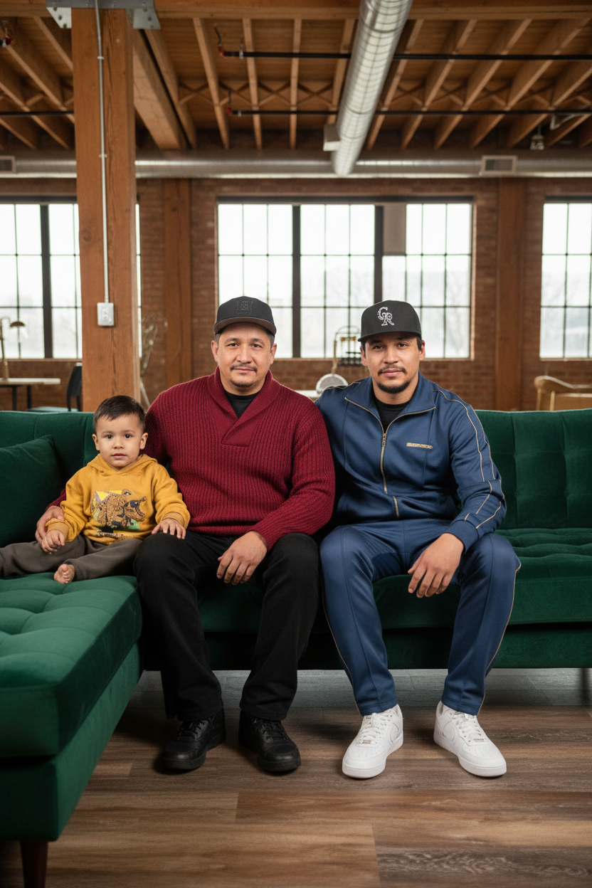 Three males, one young boy and two adult men, sitting on a green couch in a room with large windows, wooden beams, and brick walls.