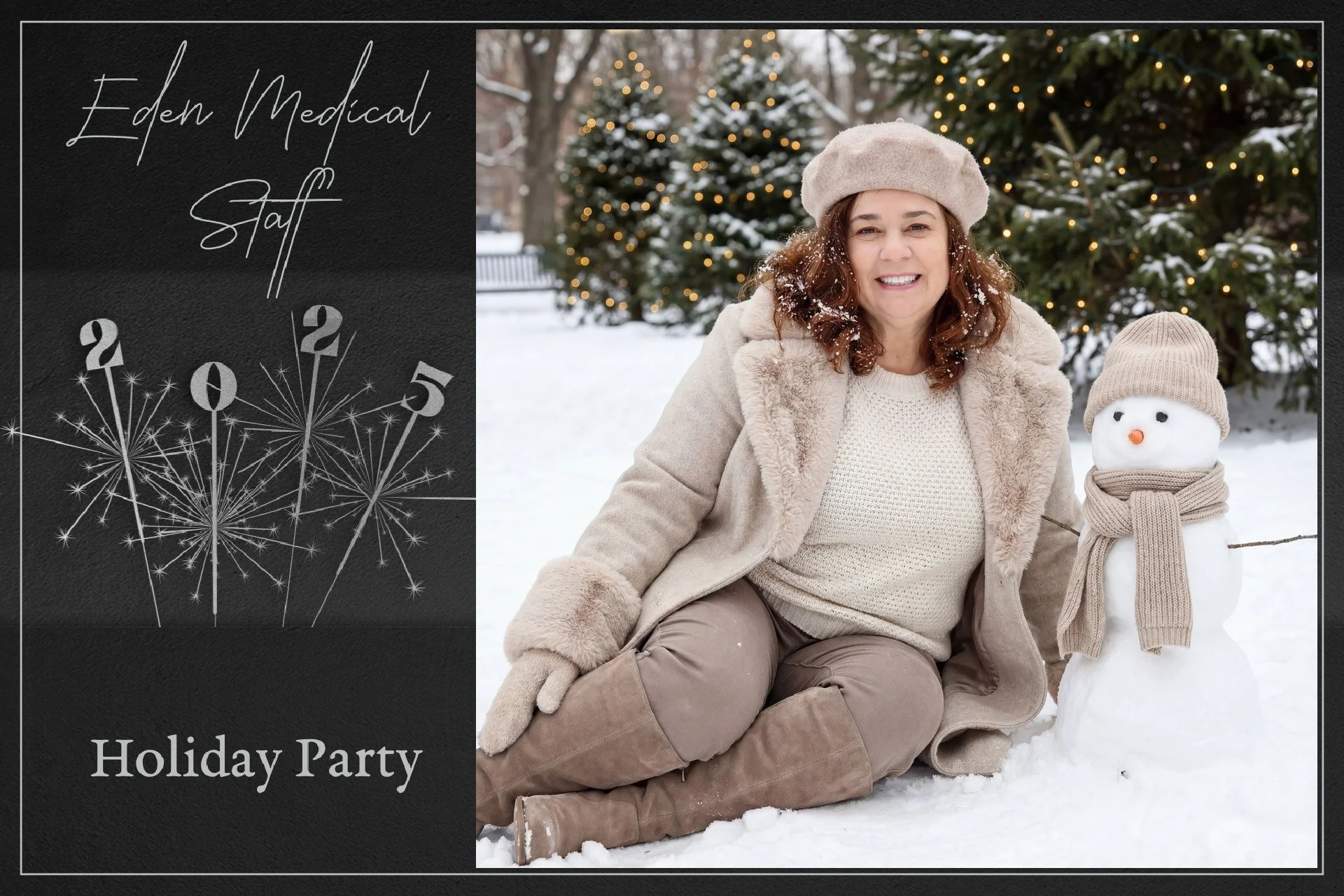 A woman sitting in the snow next to a small snowman with a beige knit hat and scarf, in front of decorated Christmas trees. A holiday party invitation graphic on the left side features white text that reads 'Eden Medical Staff Holiday Party' with fir