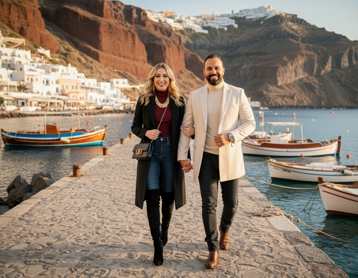 A smiling couple walking hand in hand on a stone pier by the water, with boats docked alongside and white buildings on a hillside in the background, during a sunny day.