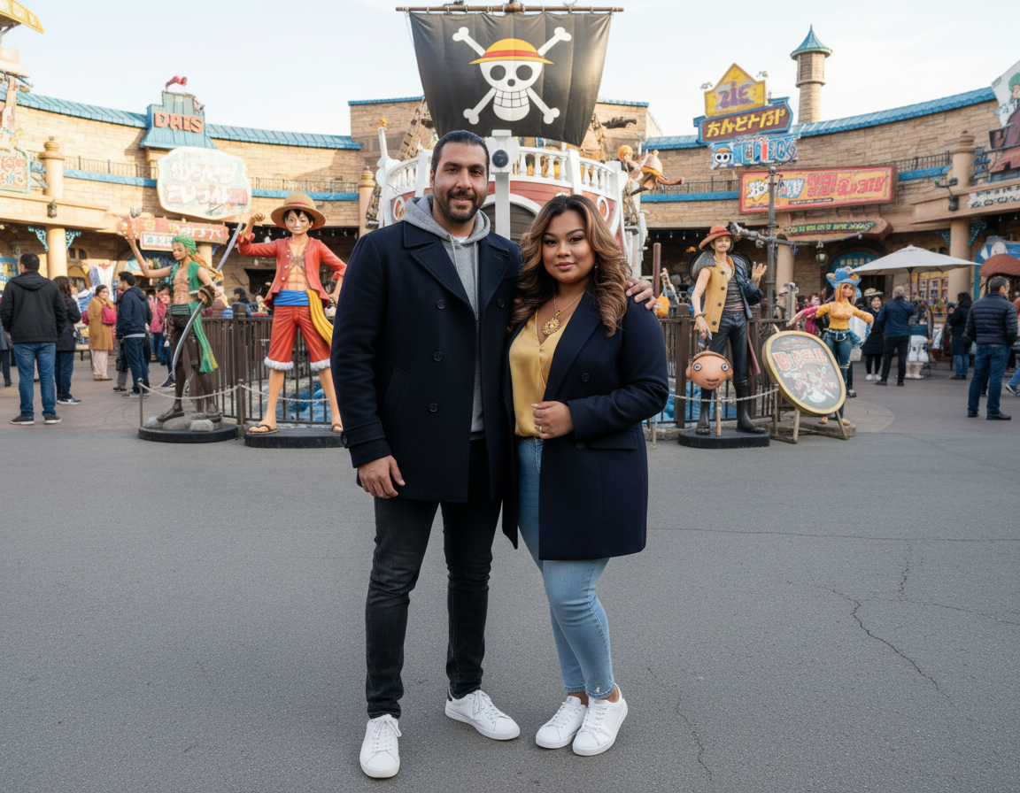 A man and woman standing together at an amusement park with pirate-themed decorations and statues behind them.