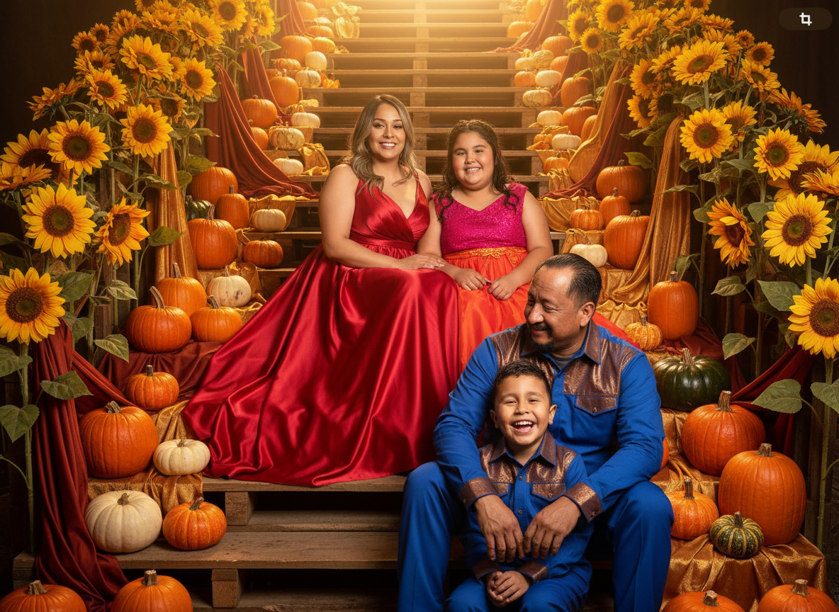 Family of four posing on a decorated staircase with pumpkins and sunflowers for fall. The mother and daughter are seated on the stairs, smiling, with the mother wearing a red dress and the daughter in a pink top and orange skirt. The father and son s