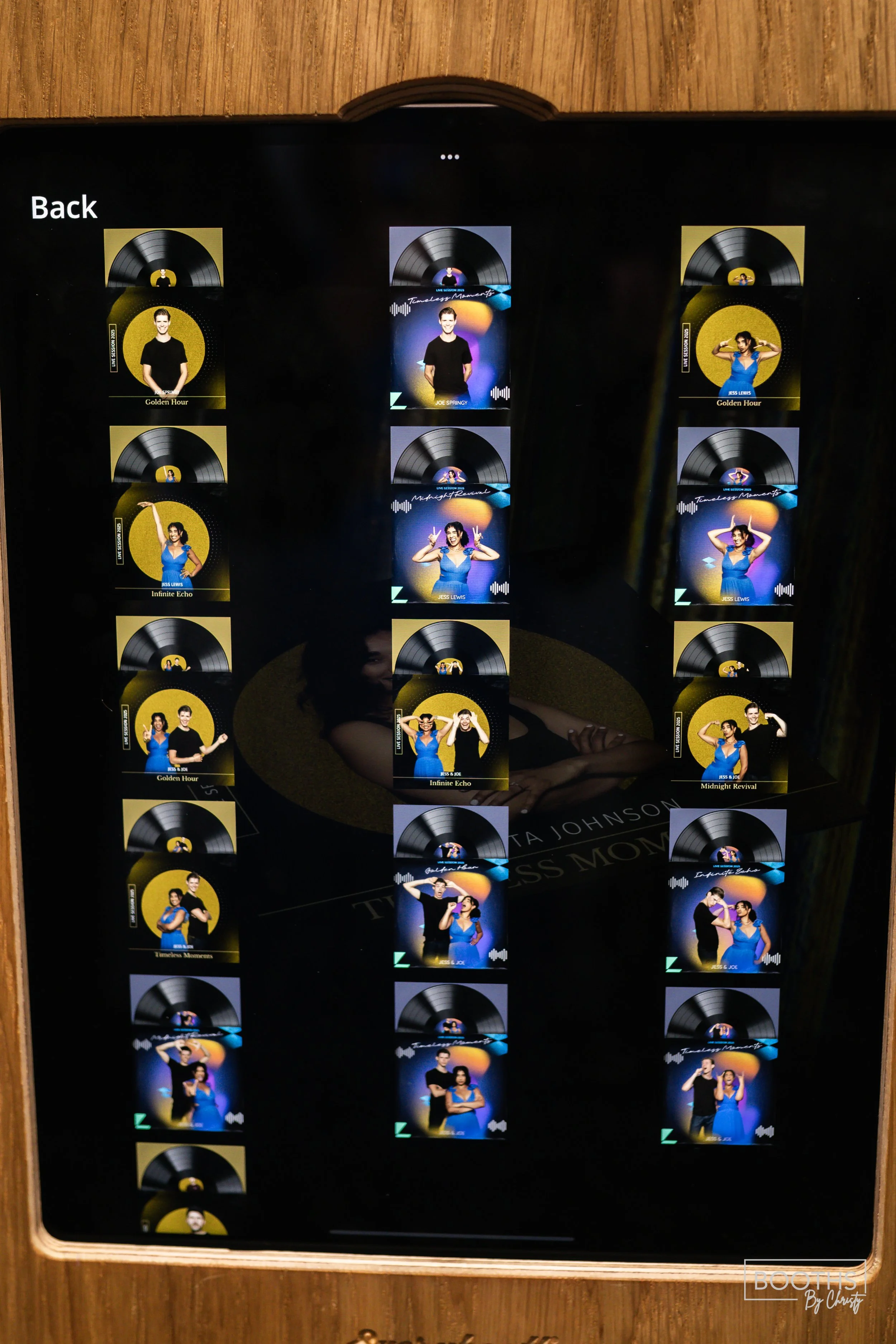 An electronic screen displaying a selection of album covers from Jess & Joe, with some featuring people posing and some with abstract design elements, set against a black background.