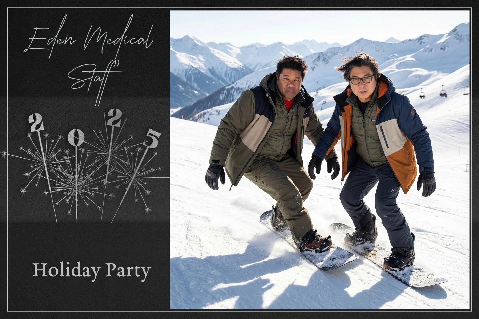 A holiday party invitation featuring two men in winter gear snowboarding in a snowy mountain landscape with snow-capped peaks in the background, and text on a black background that reads 'Eden Medical Staff' and 'Holiday Party' with firework graphics