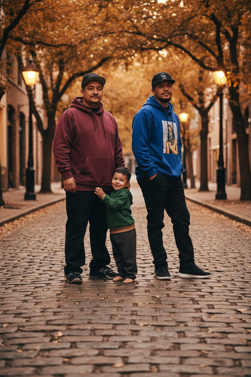 Two adult men and a young boy standing on a cobblestone street lined with trees and street lamps during autumn.