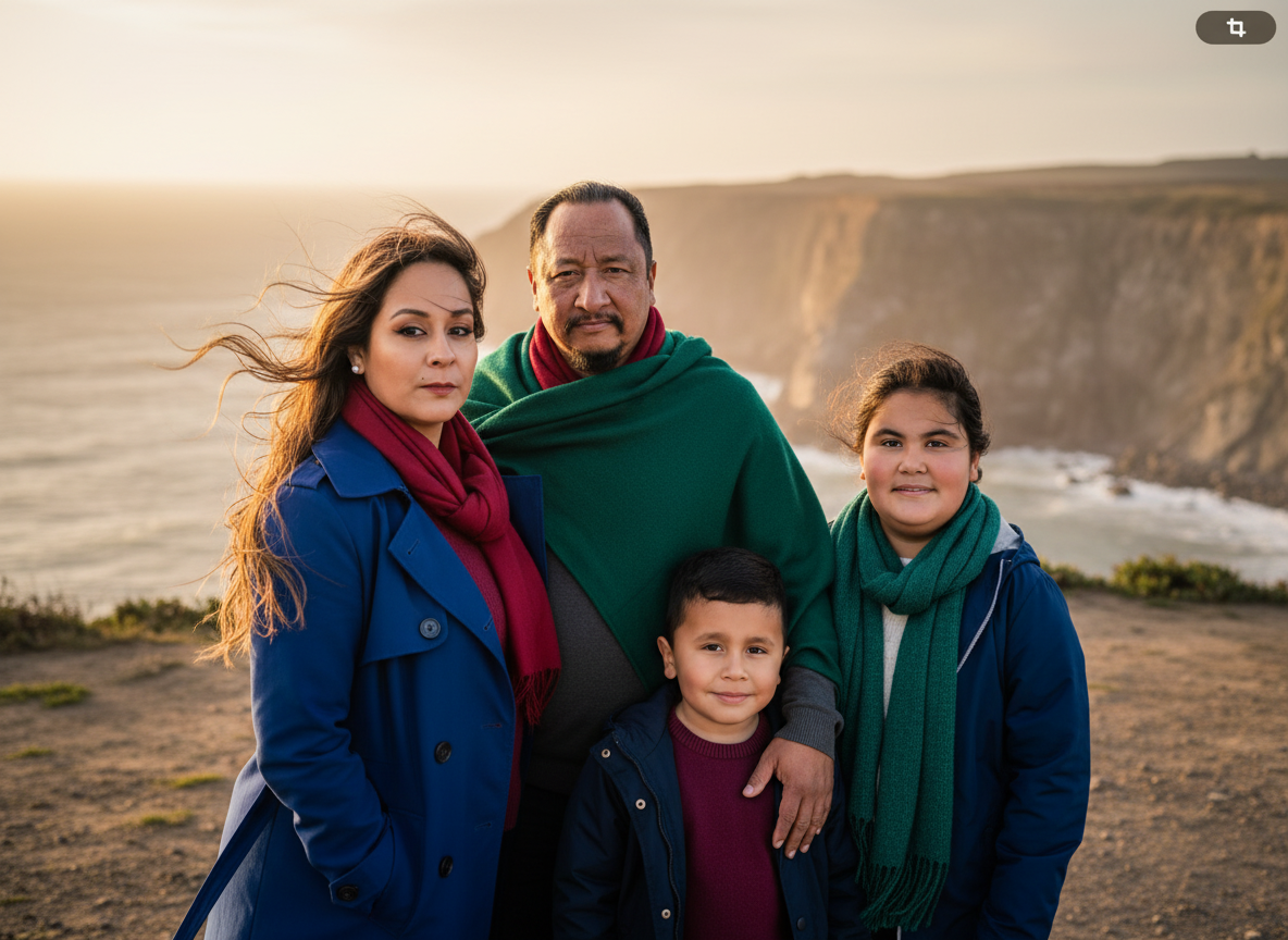 A family of four posing outdoors at a coastal cliff during sunset, with the ocean and cliffs in the background.