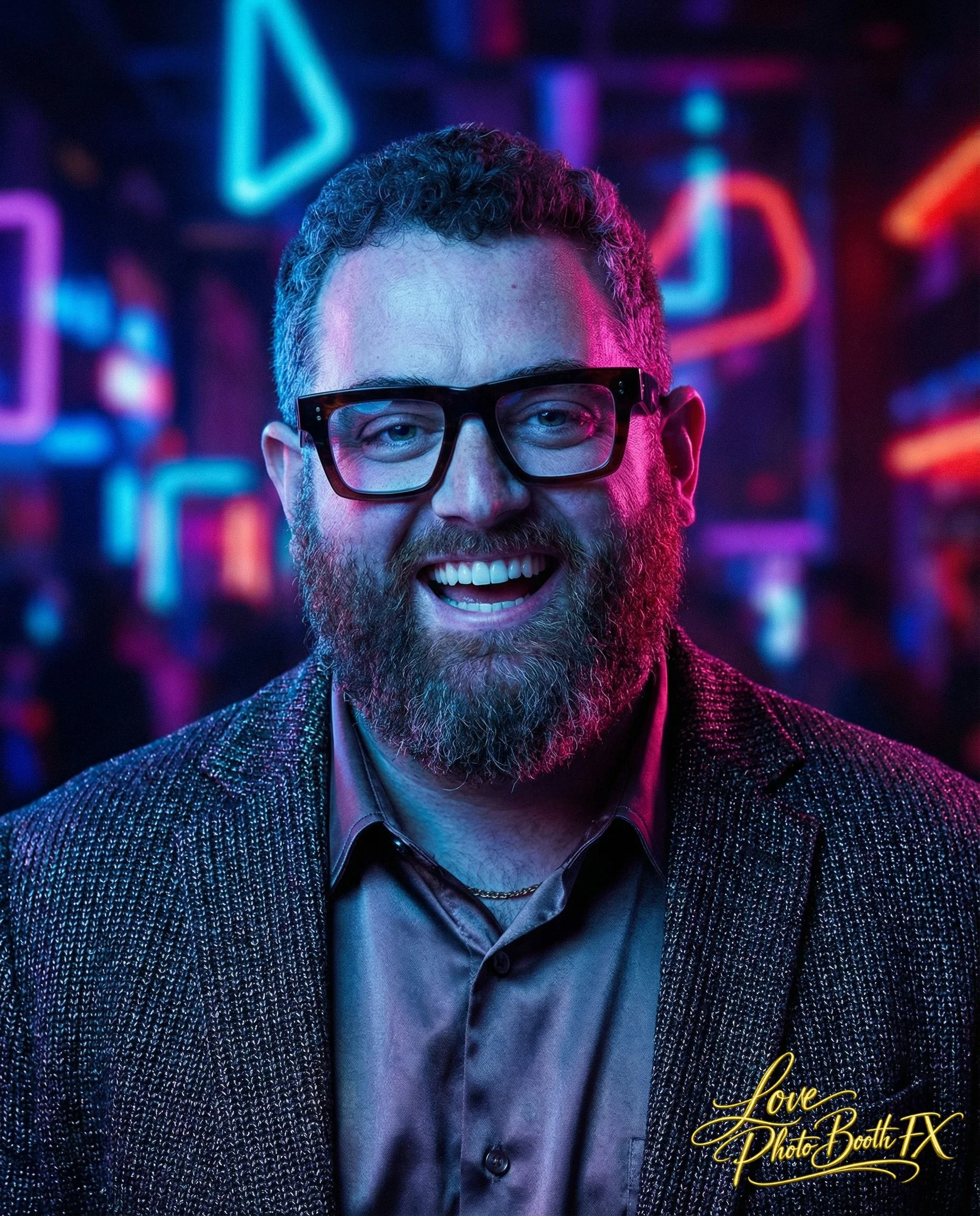 A smiling man with glasses and a beard in a neon-lit setting.