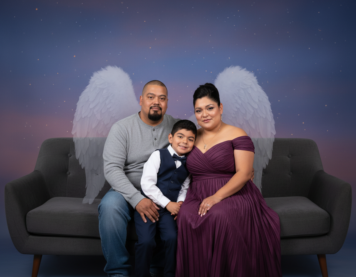 A family of three sitting on a dark gray sofa with angel wings background. The woman wears a purple off-shoulder dress, the man wears a gray shirt, and the boy wears a navy suit with a bow tie.