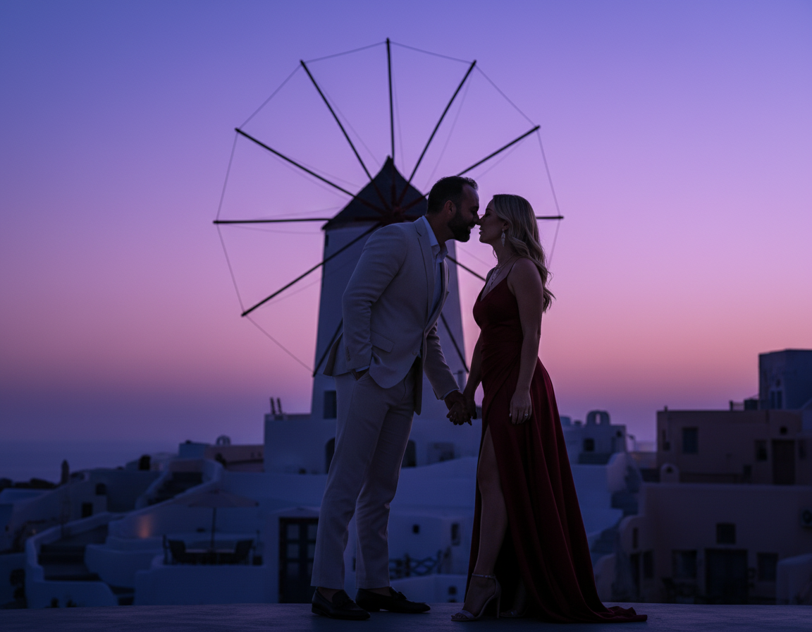 A romantic couple holding hands and about to kiss during sunset on a Greek island, with a windmill in the background.