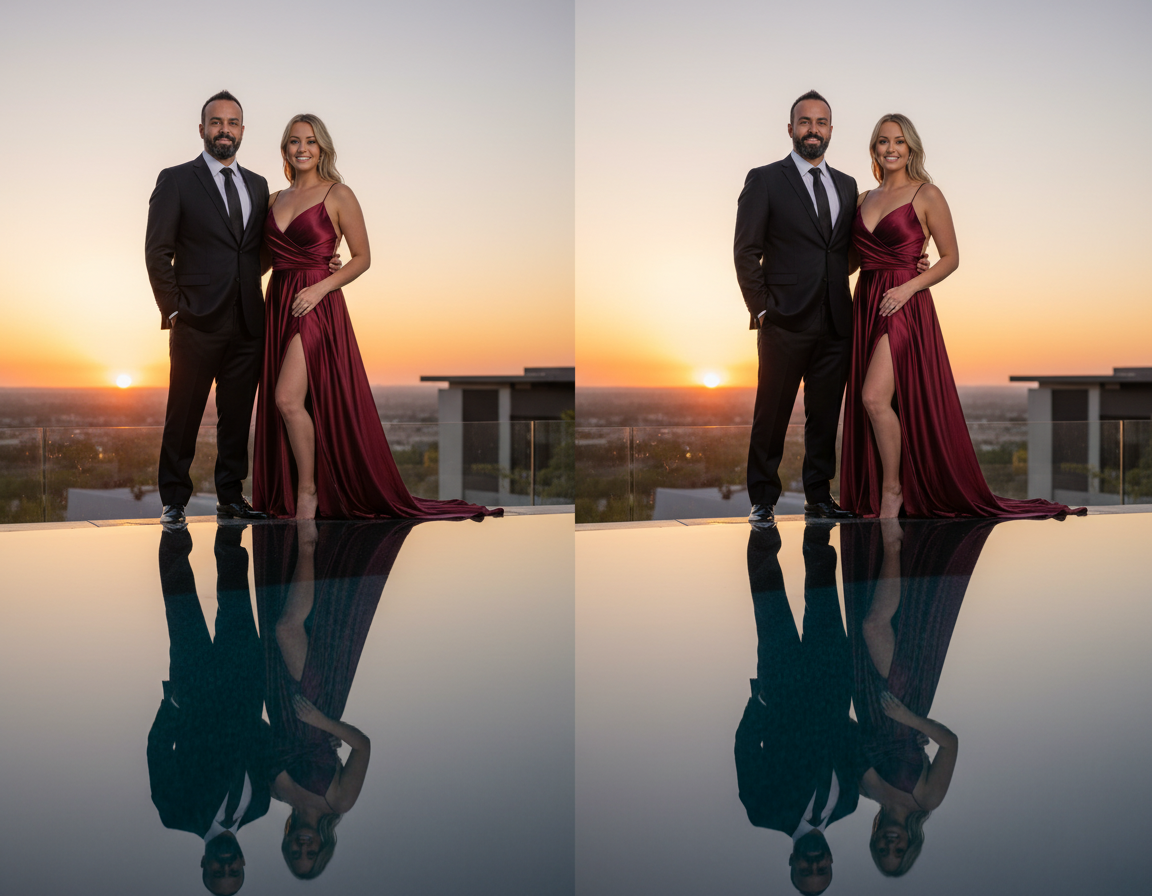 A man and woman dressed in formal attire standing on a balcony during sunset, with their reflection visible on a glass surface below.