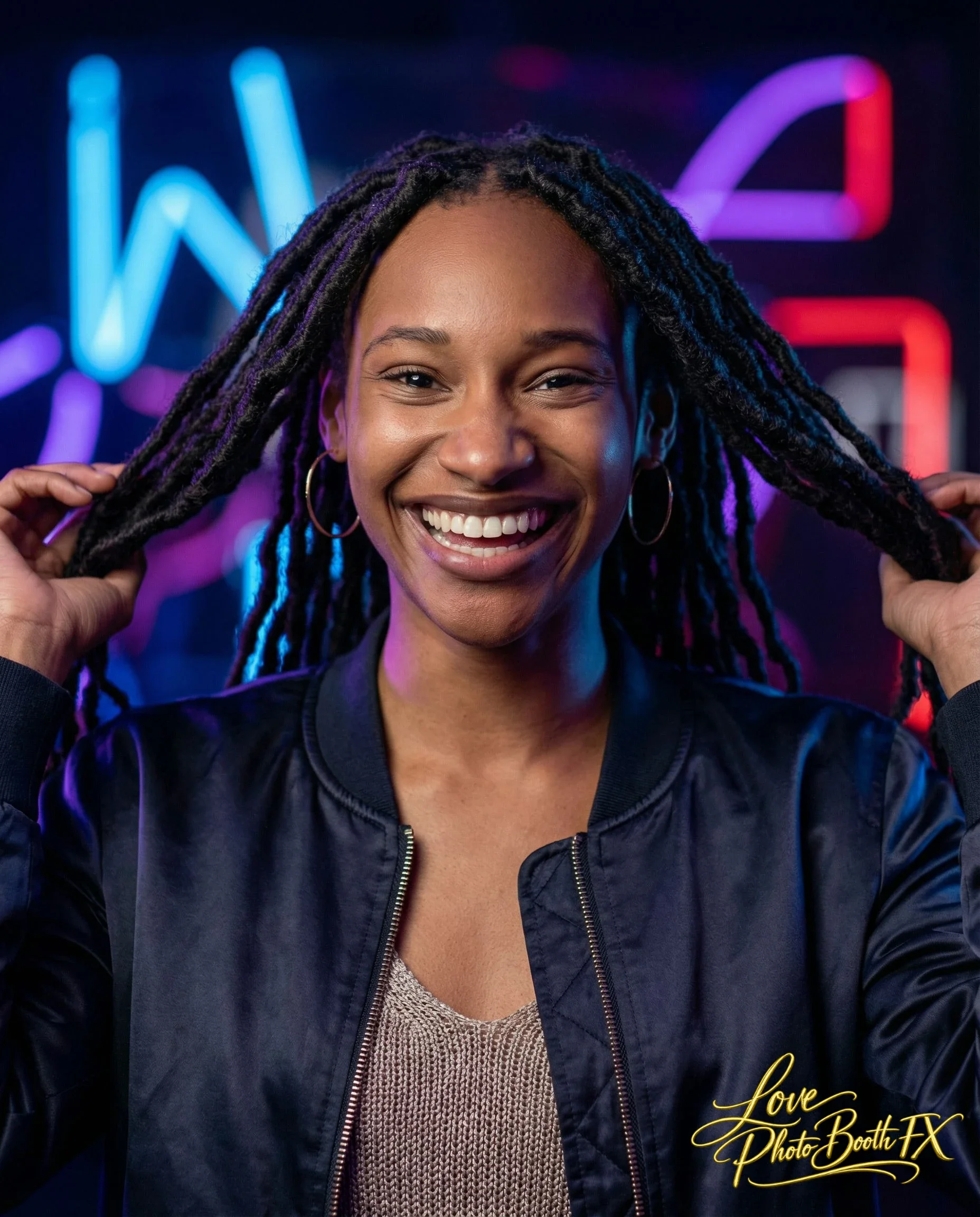 A smiling woman with dreadlocks, wearing a black jacket and hoop earrings, standing in front of colorful neon lights.