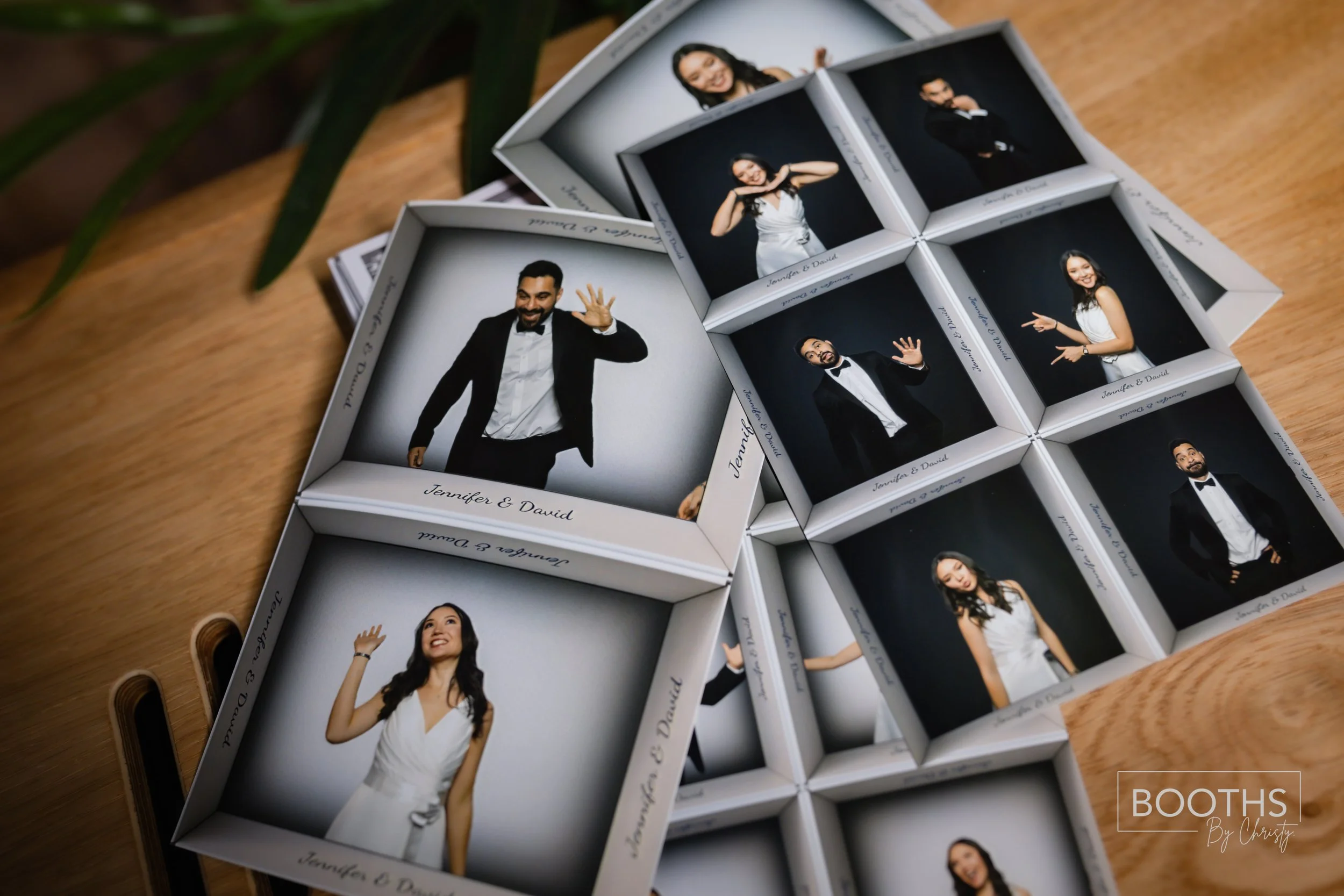 Collage of individual photo booth pictures of men and women in formal attire, with some waving and smiling. Each photo is labeled with "Jennifer & David."